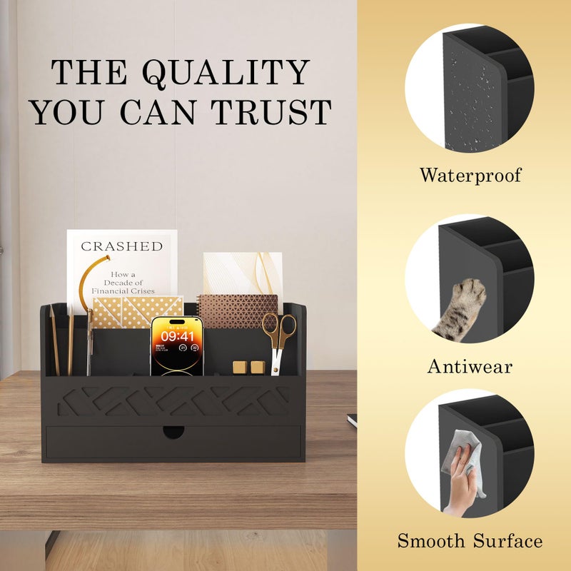 Wisuce Bamboo Mail Organizer Countertop Desktop with Drawer - Desk Organizer with File Organizer for Office Supplies All-in-One Desk File Organizer with Pencil Holder for Paper Letter Envelope Bill - Image 3